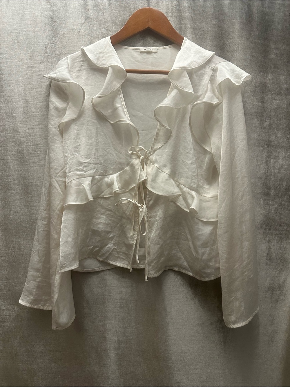 Pleione White Ruffle Tie-Front Blouse, Silky feel
